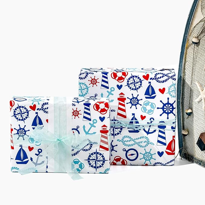 WRAPAHOLIC 30 Inch Nautical Anchors Wrapping Paper Roll - 30 Inch x 33 Feet - Nautical Element Anchor Design Perfect for Birthday, Nautical Beach Decoration, Baby Shower