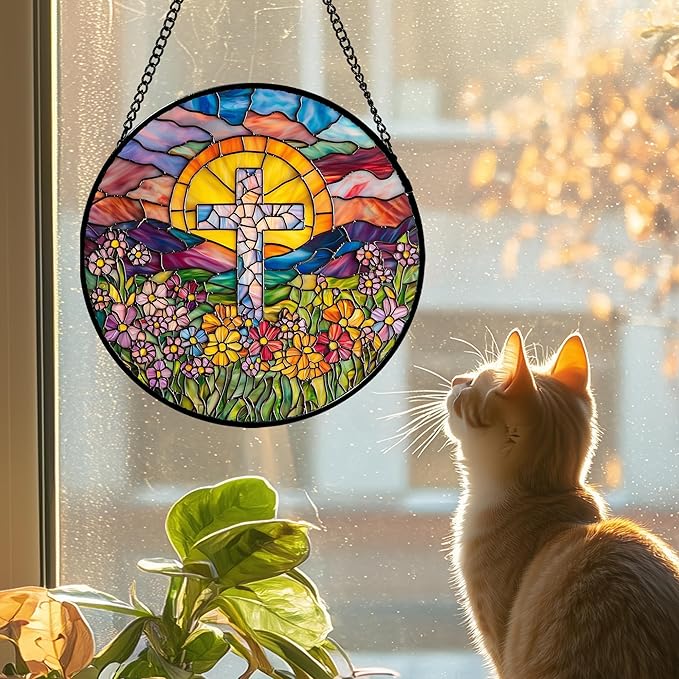 Stained Glass Window Hanging - Cross Flower Sea Sun Catcher for Door Terrace Garden Home Decor, Mountains Landscape Suncatcher Birthday Gifts for Lovers Women Men Dad Mom Nana 7.8 in