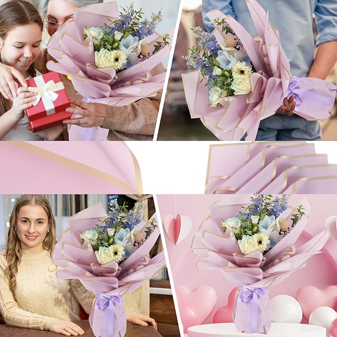 YIDATIKER 20 sheet Flower Wrapping Paper,waterproof floral wrapping paper for bouquets,DIY Florist Supplies Packaging Paper with satin ribbon for Wedding,Birthday,Valentine's Day(Purple)