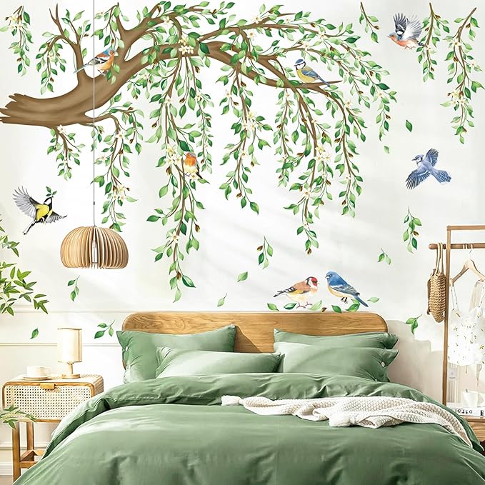 decalmile Large Hanging Vine Wall Decals Tree Branch Green Leaf Flower Birds Wall Stickers Living Room Tv Background Bedroom Wall Decor