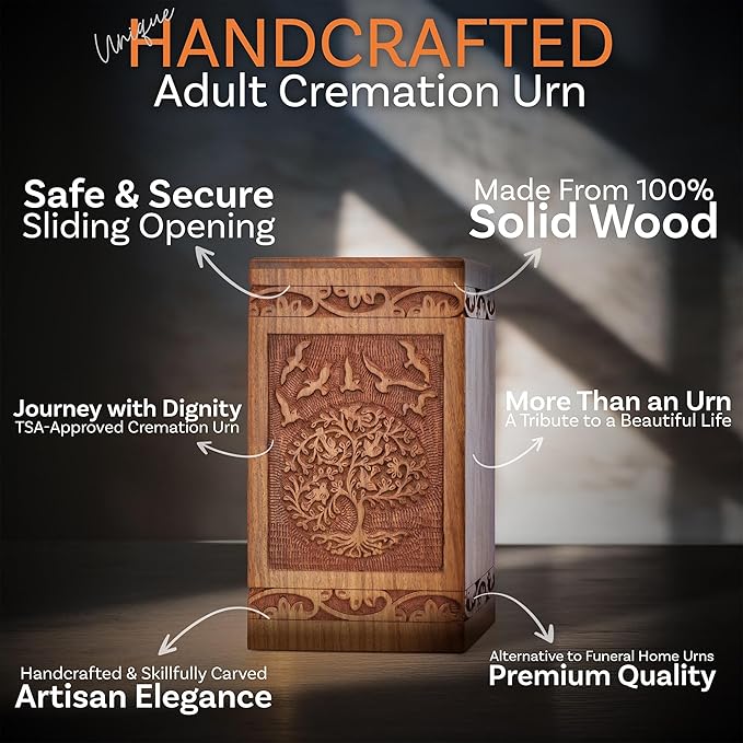 INTAJ Tree of Life Wooden Urn for Human Ashes, 115lbs Capacity, Suitable for Burial for Men, Women, Mom, Dad - Mini Rosewood Keepsake Cremation Urn for Ashes Handcrafted - Wooden Carved Box