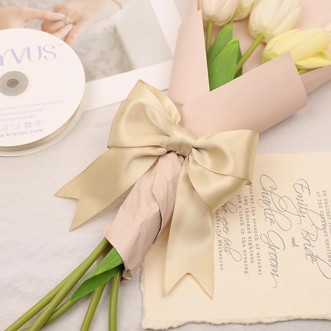 Beige Satin Ribbon, Double Faced 1-1/2 Inch X 25 Yards Beige Ribbon, Premium Satin Ribbon for Gift Wrapping, Crafts, Hair Bow Making, Sewing, Flower Bouquet, Wedding Party Decor