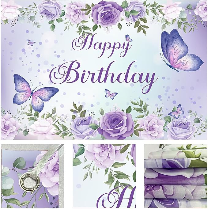8x6Ft Purple Butterfly Birthday Banner Backdrop for Women Girl Purple Happy Birthday Backdrop Banner (96x72 Inch) Rose Flowers Butterfly Decortions Background for GILR 's Party
