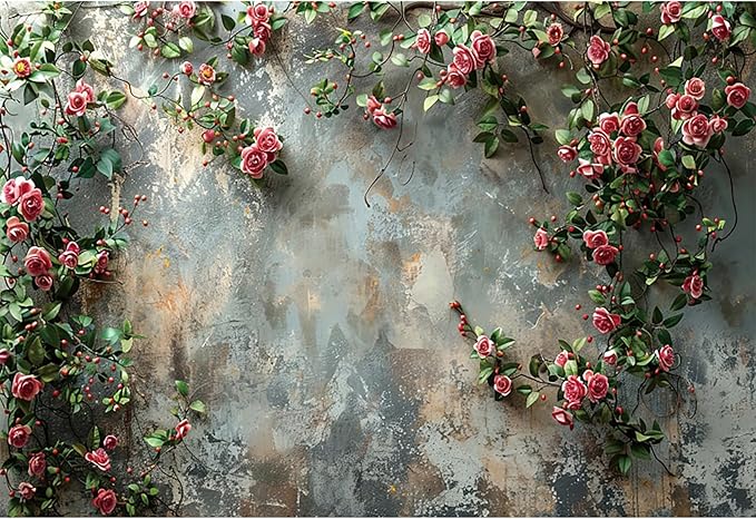 Baocicco 12x8ft Vinyl Old Floral Wall Photography Background Retro Texture Wall Grain Pink Rose Fairytale Birthday Backdrops Medieval Wedding Events Party Decorations Newborn Baby Shower Studio