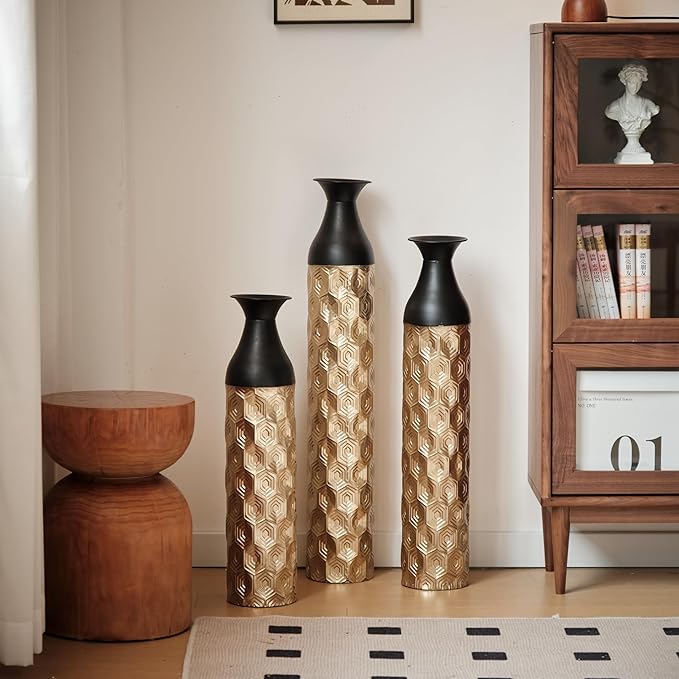 Floor Vases, Tall Home Decor Metal Vase Set of 3 Large Glazed Decorative Vases for Wedding Decor, Elegant Modern Flower Holder for Living Room, Entryway, Hallway, Dining Room