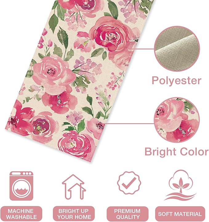 Seliem Spring Summer Watercolor Flower Table Runner, Pink Peony Floral Kitchen Dining Table Decor, Seasonal Burlap Home Decoration Indoor Outdoor Party Supply 13 x 36 Inches