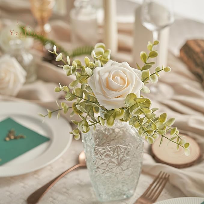 Artificial Flowers, 50pcs Artificial Rose for DIY Wedding Bouquets Centerpieces Arrangements, Champagne Foam Rose with Stem for Bridal Shower Party Home Decorations