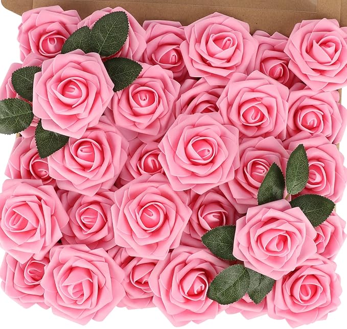 MACTING Artificial Flowers 30PCS Pink Fake Flowers with Stem Real Touch Soft Foam Roses for Valentines Day Gifts Wedding Bouquet Table Centerpieces Party Bridal Shower Birthday Home Spring Decorations