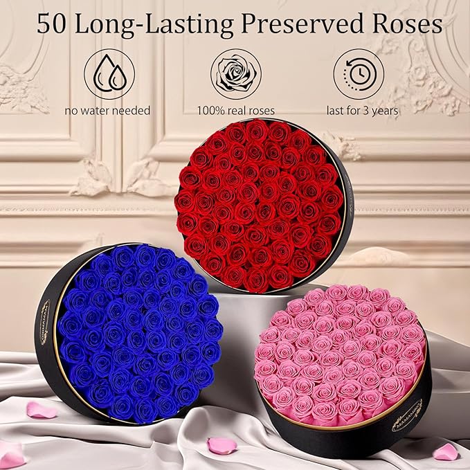 50 Preserved Roses in a Gift Box for Her - Forever Flowers for Delivery, Eternal Rose Mothers Gifts for Mom, Wife Anniversary Birthday Gifts for Women, Blue