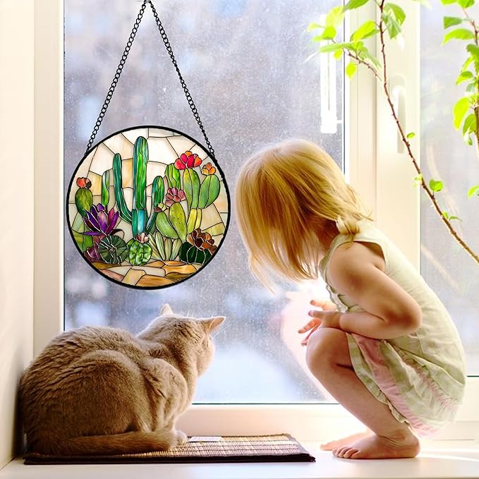 Stained Glass Window Hanging, White Green Cactus Suncatcher Diamond Glass Panel Hangings Sun Catchers Decor for Birthday for Women, Men, Wife, Aunt, and Mom 7.8 in