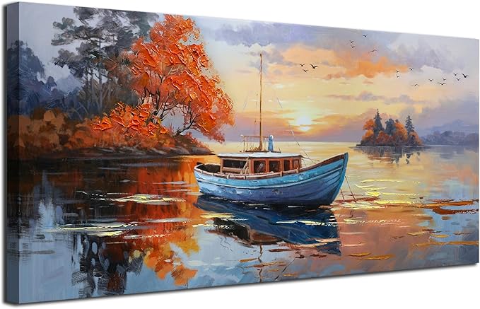 Brushart Ship Wall Art for Living Room, Large Canvas Wall Art Landscape Picture Painting Wall Decor Textured Artwork for Walls Bedroom Home Office 48"x24"