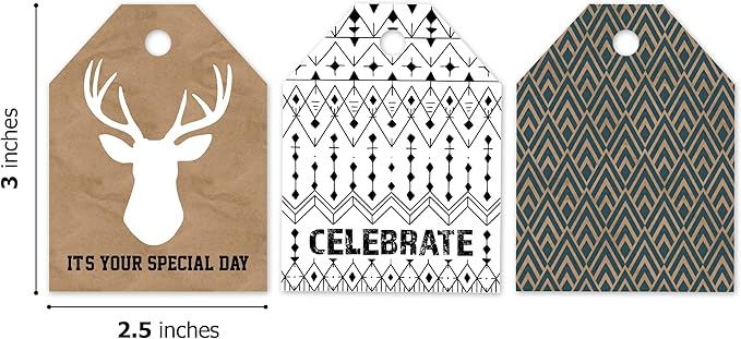 Pro Supply Global 24 Count of 2.5 Inch x 3 Inch Pre Strung Deer Heads Gift Tag Assorted Printed Designs on Large Cardstock Gift Hang Tags - Ideal to Use on Bags