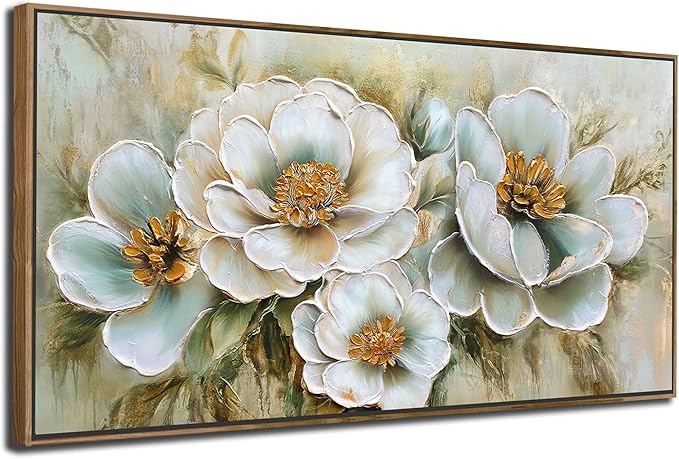 Arjun Framed Canvas Wall Art for Bedroom, Large Wood Frame Vintage Flower Painting Living Room Textured Artwork Gold Picture Bloosom Dining Room Kitchen Home Office Wall Decor, 40"x20"