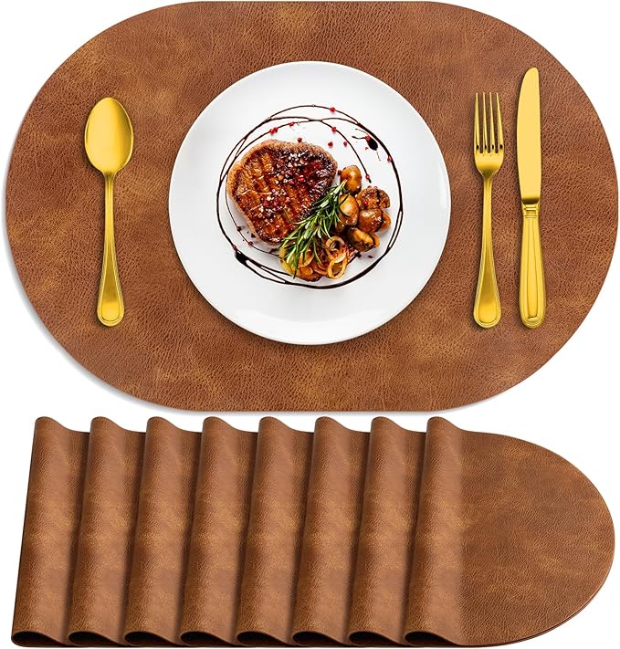 ADRIMER Placemats, Heat Resistant Oval Placemats Set of 8 Washable 12 x 17 Inch, Waterproof Table Mats, Wipeable Pu Place Mats for Kitchen, Dining Room, Turmeric Brown