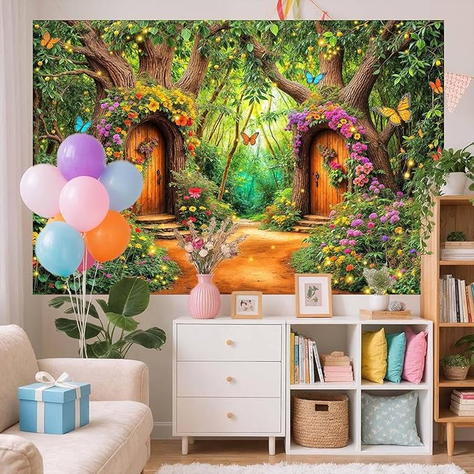 7X5ft Enchanted Forest Backdrop Fairy Tale Green Garden Wonderland Tree House Floral Butterfly Background for Kids Girl Baby Shower Birthday Party Decoration Banner Cake Table Photo Booth Props