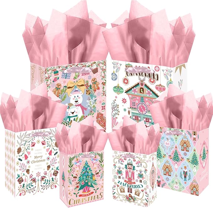 qiqee 10PCS Christmas White Gift Bags with Pink Polar Bear Design(2PCS Large 5.5"x10.2"x13", 4PCS Medium 4.3"x 7.7"x 9.6", 4PCS Small 2.4"x 4.7"x 6.3", 30PCS Tissue Paper included)