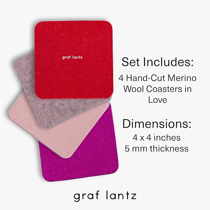 Graf Lantz - Bierfilzl Merino Wool Square Coasters Set of 4 - Love (4"x4"x5mm) - Absorbs 30% of Weight - Natural German Wool - Heat Resistant, Sustainable, Reusable - Home Decor, Coffee Table Decor