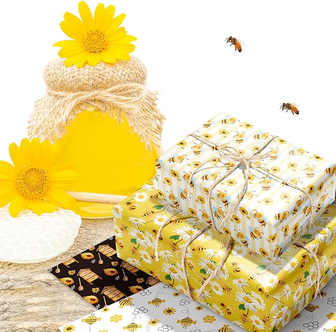 Jajajuegos 12 Sheets Bee Wrapping Paper Set - Yellow Black Bee Honeycomb Pattern - Gift Wrapping Paper for Winter Baby Shower, Birthday Party Decorations - 4 Designs, 20'' x 27''