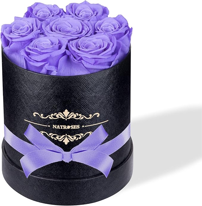 NATROSES 7 Piece Preserved Roses in a Box, Preserved Flowers for Birthday, Flower Gifts for Mothers Day (Light Purple)