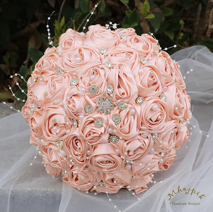 Bridal Wedding Bouquet Round Bling Brooch Bouquet Throw Toss Artificial Rose Flower Bunch for Bride Bridesmaid Wedding Quinceanera(Peach Pink, 9.8")