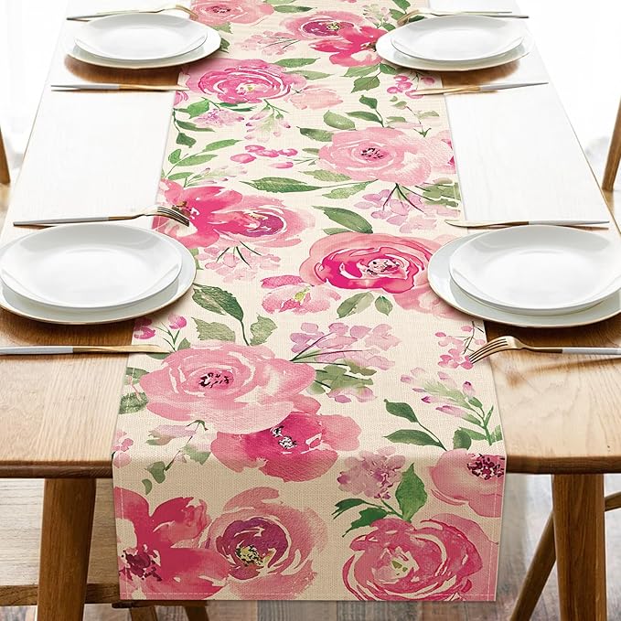 Seliem Spring Summer Watercolor Flower Table Runner, Pink Peony Floral Kitchen Dining Table Decor, Seasonal Burlap Home Decoration Indoor Outdoor Party Supply 13 x 90 Inches