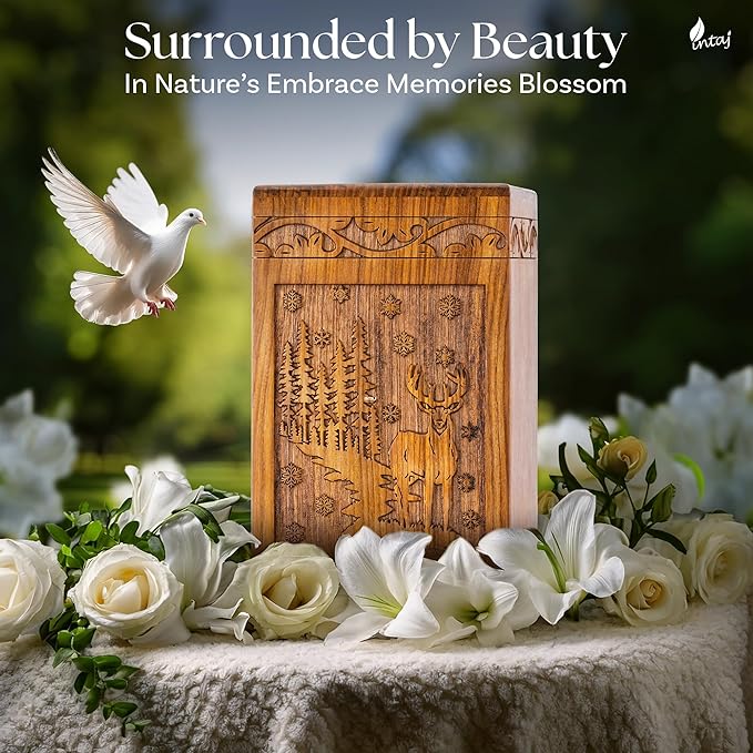 INTAJ Handcarved Rosewood Deer Oversized Urn for Human Ashes - 640 lbs Companion Capacity - Forest Scene Wooden Cremation Urn Box for Burial Funeral Decorative Wildlife Memorial Casket