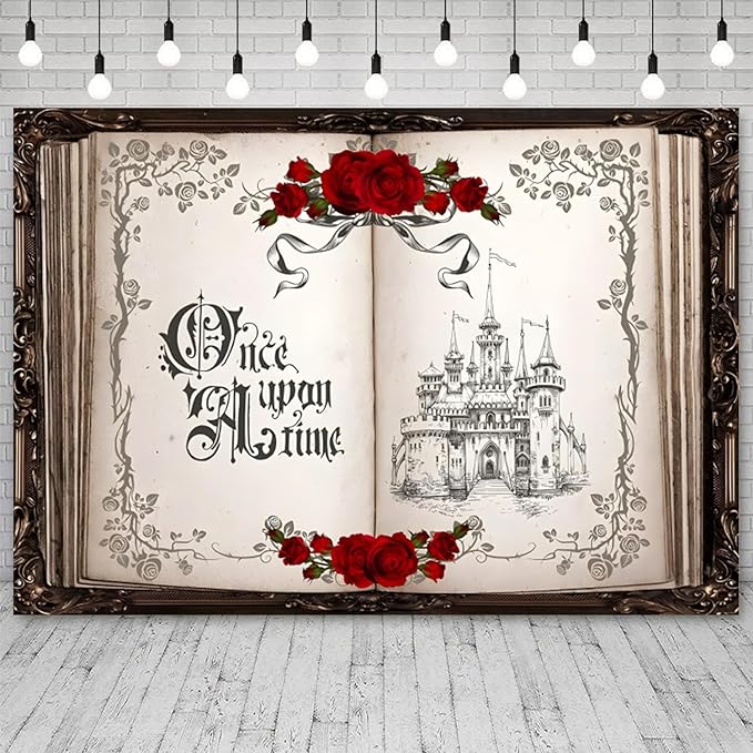 15x10ft Once Upon a Time Backdrop Princess Castle Wedding Party Photography Background Fairytale Book Romantic Story Red Roses Bridal Shower Decorations Birthday Portrait Photo Booth Prop