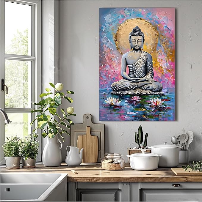 Lotus and golden Buddha meditation tranquil zen wall art mindfulness wall art for spiritual harmony and tranquility decor 28x40in Frameless