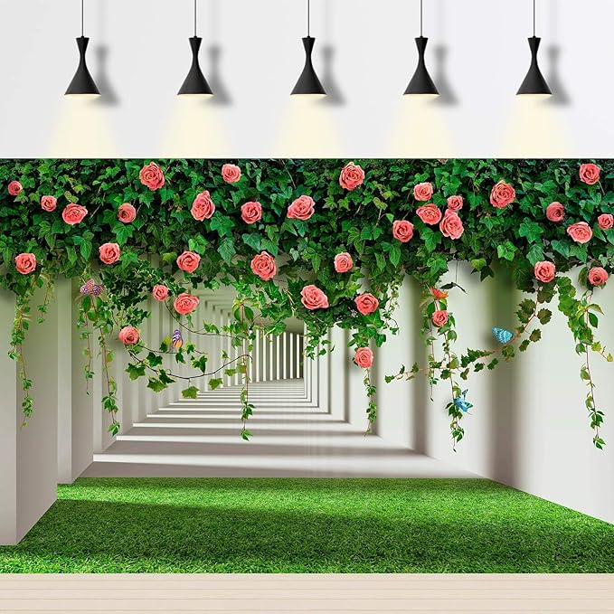 Rose Flowers Backdrop Red Rose Flowers and Green Leaves with Butterflies Photography Background Spring Alley Green Grass Backdrops Outdoor Wedding Party Decorations Photo Studio Props 10x6.5ft
