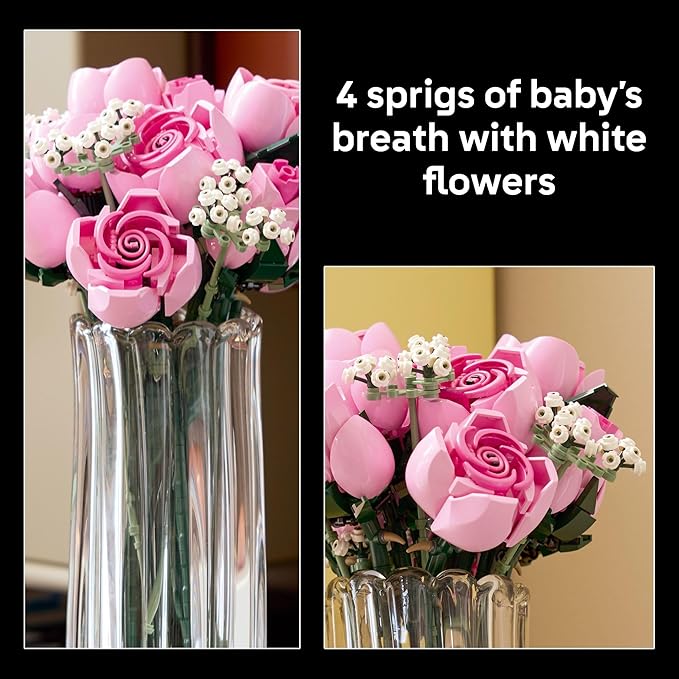 LEGO Botanicals Bouquet of Pink Roses Artificial Flowers - Building Blocks for Adults, Ages 18+ - Flowers for Home Office, Shelf or Room Decor - Gift for Women & Men - 10374