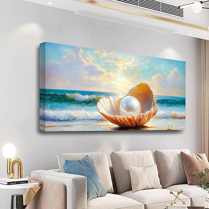 Seashells Pearls Pictures Canvas Wall Art Living Room Office Bedroom Wall Decor Sea Landscape Wall Art Prints Modern Blue and White Landscape Artwork Waterproof Ready to Hang - 20x40 inches