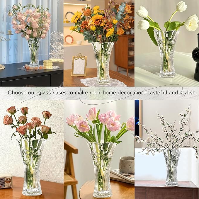 kanpura 9 Inch Glass Vases for Flowers Thickened 2.3 lb Large Flower Vase for Christma Tables Centerpieces Clear Rose Vases for Wedding Reception, Home Decor, Housewarming Gift(Heavy Duty)