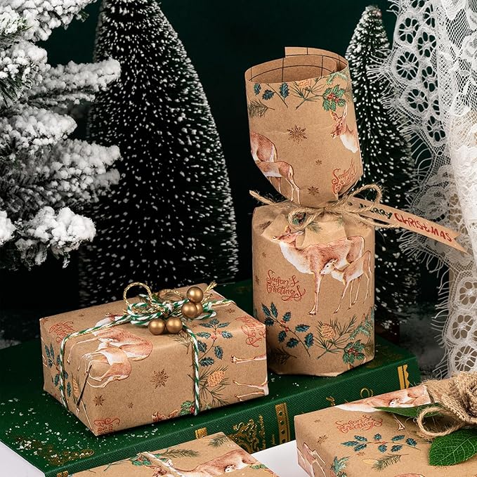 WRAPAHOLIC 30 Inch Jumbo Kraft Christmas Wrapping Paper - 30 Inch x 100 Feet Jumbo Roll Reindeer Wrapping Paper with Holly Design for Christmas, Holiday, Party Celebration