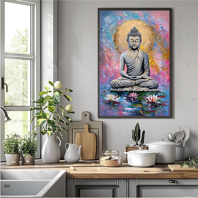 Lotus and golden Buddha meditation tranquil zen wall art mindfulness wall art for spiritual harmony and tranquility decor 16x24in Metal blackFramed