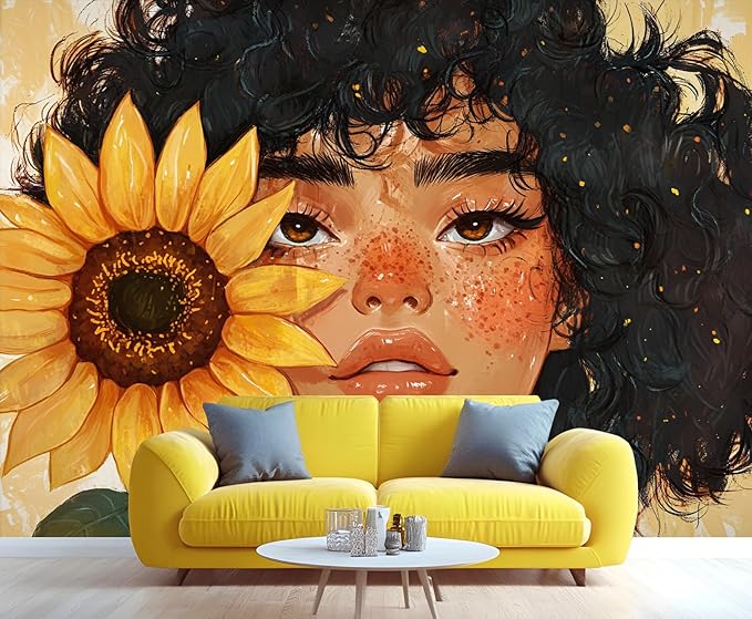 KIREUPA Sunflower Woman Art Wall Mural, Curly Hair Girl with Sunflower 3d Wall Murals, Modern Portrait and Flower Wallpaper Mural, for Living Room Bedroom Large Wallpaper Indoor Decor 197" W x124.8 H