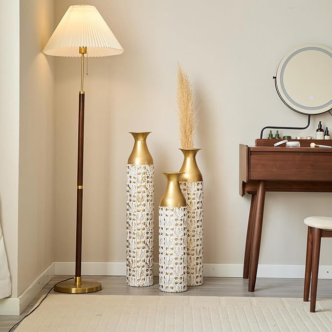 Floor Vases, Tall Home Decor Metal Vase Set of 3 Large Glazed Decorative Vases for Wedding Decor, Elegant Modern Flower Holder for Living Room, Entryway, Hallway, Dining Room