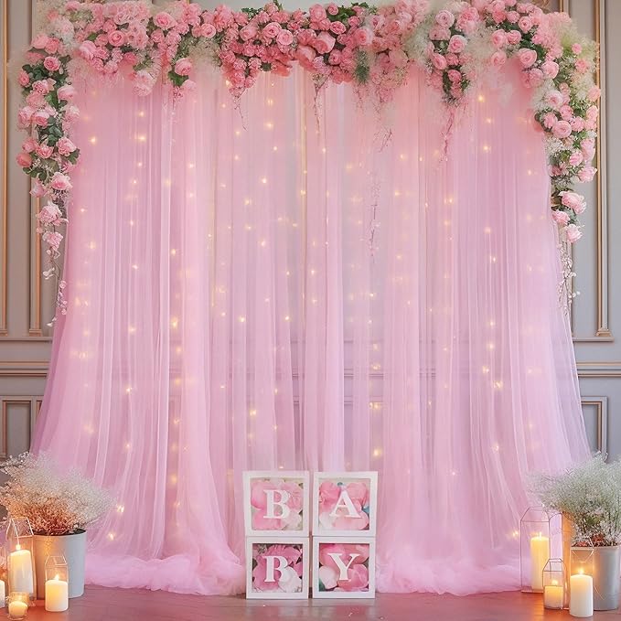 10ft x 10ft Pink Backdrop Curtain with Lights String for Parties, Sheer Tulle Wedding Photo Backdrops Drapes for Baby Shower Birthday Party Decorations Background for Photography