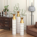 Metal Floor Vases Decorative, Set of 3 Flower Arrangement Stand, White Glazed Metal Decorative Vase Tall Distressed Metallic Centerpiece Vases, 33.5", 28.7", 24" H (White PU)