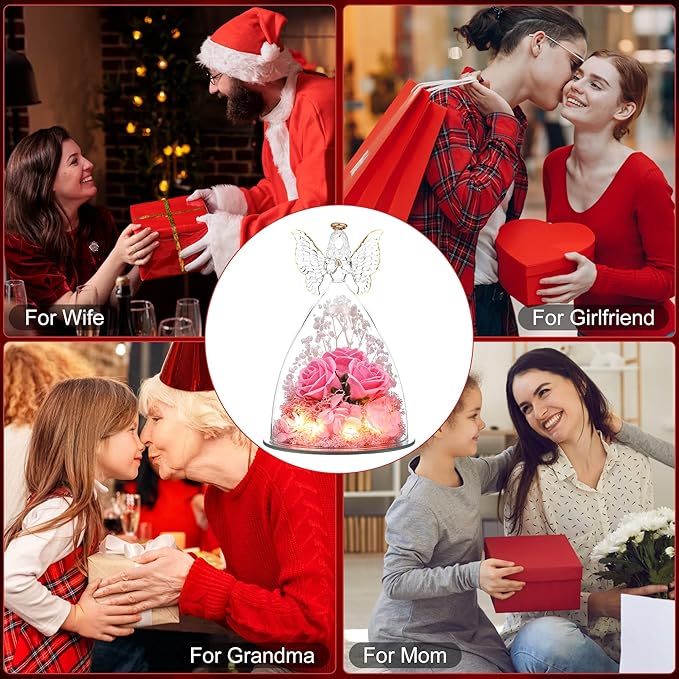 Mothers Day Mom Gifts for Women Preserved Flowers in Glass Angel Forever Flowers Gifts Eternal Roses Gifts for Grandma - Pink