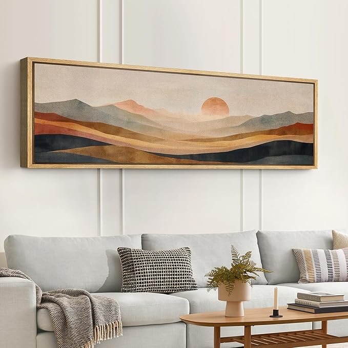 SIGNFORD Large Framed Canvas Print Wall Art Serene Mountain Landscape with Warm Illustrations Modern Art Calm Warm for Living Room, Bedroom, Office - 60"x20"