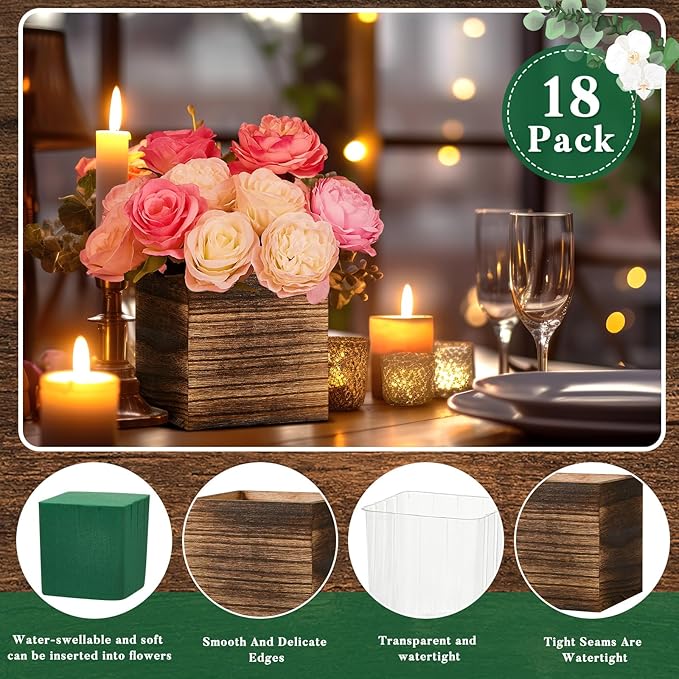 Dandat 18 Set Wood Cube Planter Box Square Wood Vase Rustic Cube Planter Box with Removable Plastic Liner Floral Foam Blocks for Centerpieces Home Wedding Garden Decor, Country Style (Brown)