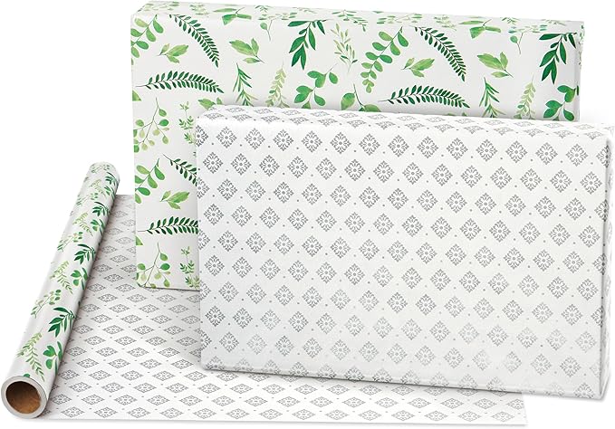 American Greetings 175 sq. ft. Reversible Wrapping Paper for Weddings, Bridal Showers, Anniversaries, Birthdays and All Occasions, Greenery and Damask (1 Roll, 30 in x 70 ft.)