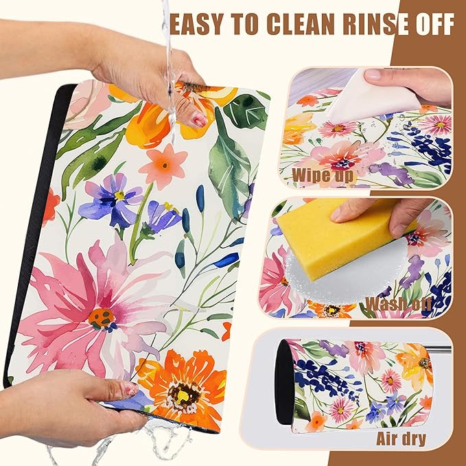 Dish Drying Mat Colorful Wildflowers Coffee Bar Mat for Countertop Rubber Backed Absorbent Hide Stain Dish Drainer Rack Pad Espresso Machine Coffee Table Dining Room Decoration 15.7 x 23.6 Inch