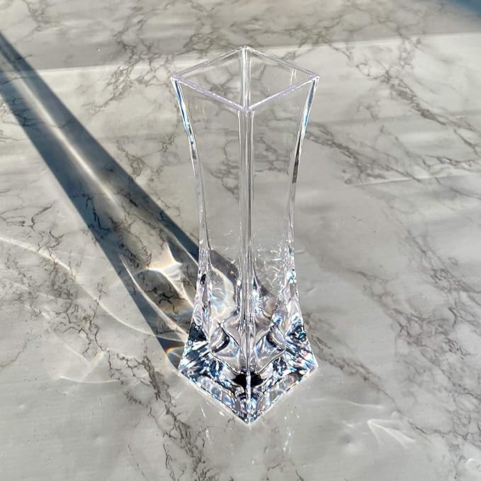 KLIFA- Small Acrylic Square Bud Vase, Shatterproof, High Transparency, Plastic Single Stem Vase, Clear, Hight 7.48 inch, 1 pc
