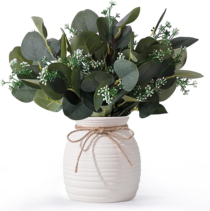 Artificial Eucalyptus in Vase, Fake plants for home decor, Ceramic White Vase with Greenery, Faux Decorative Plants, 20pcs Indoor Fake Eucalyptus Stems for Centerpiece Farmhouse Mantle Decor