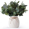 Artificial Eucalyptus in Vase, Fake plants for home decor, Ceramic White Vase with Greenery, Faux Decorative Plants, 20pcs Indoor Fake Eucalyptus Stems for Centerpiece Farmhouse Mantle Decor