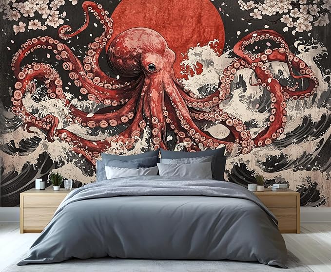 Japanese Wave Octopus Wall Mural, Japanese Traditional 3D Wall Murals, Ocean and Octopus Wallpaper Mural, for Living Room Bedroom Large Wallpaper Indoor Decor 177.16" W x120 H