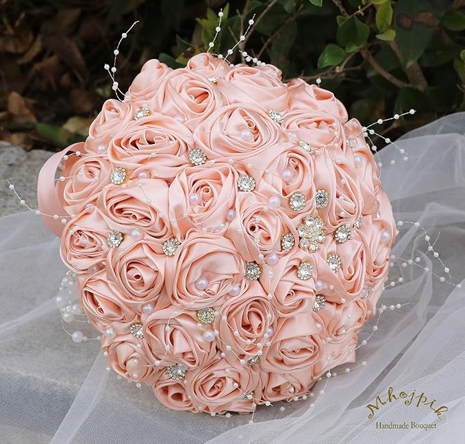 Bridal Wedding Bouquet Round Bling Brooch Bouquet Throw Toss Artificial Rose Flower Bunch for Bride Bridesmaid Wedding Quinceanera(Peach Pink, 9.8")