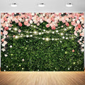 8x6ft Flower Wall Backdrop Pink Rose Floral Blossom Green Leaves Photography Background Women Girls Birthday Party Wedding Banner Decorations Portraits Supplies Photo Booth Props