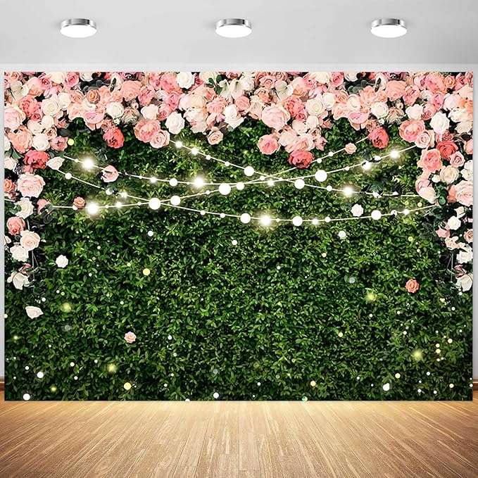 8x6ft Flower Wall Backdrop Pink Rose Floral Blossom Green Leaves Photography Background Women Girls Birthday Party Wedding Banner Decorations Portraits Supplies Photo Booth Props